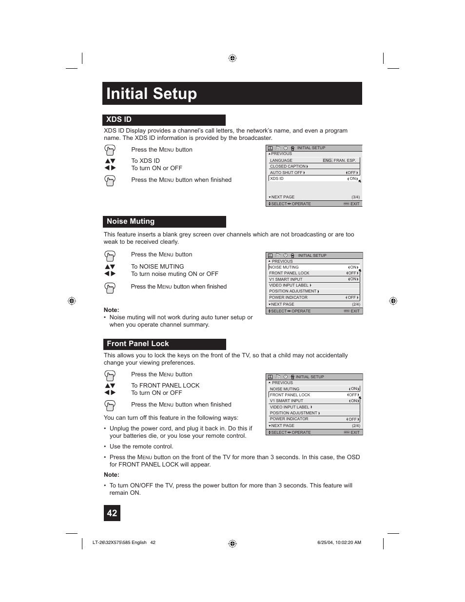 Initial setup, Xds id, Noise muting | Front panel lock | JVC T-26X585 User Manual | Page 42 / 72