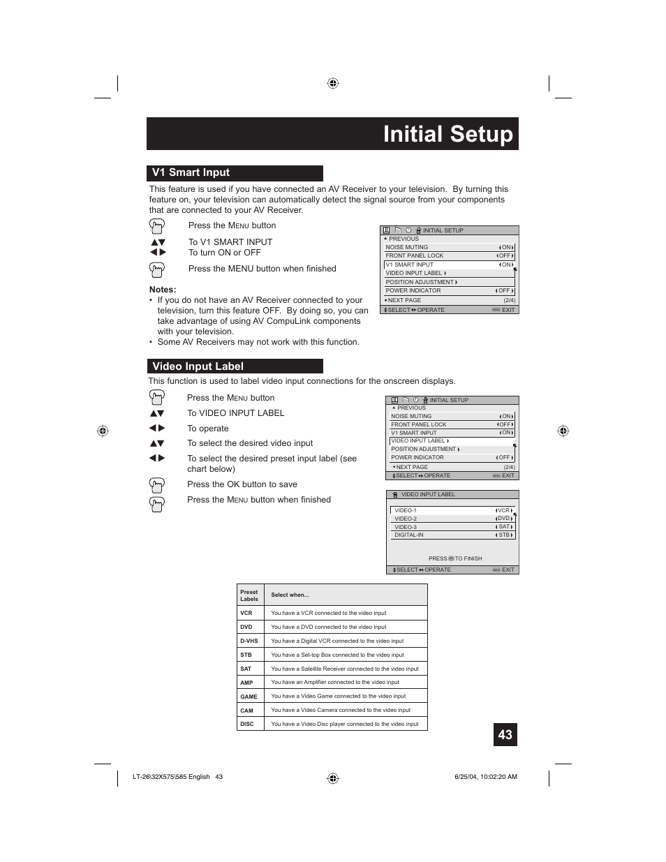 Initial setup, V1 smart input, Video input label | JVC T-26X585 User Manual | Page 43 / 72
