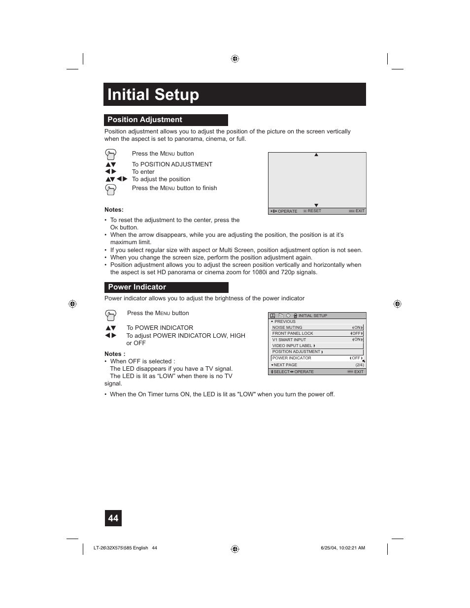 Initial setup, Position adjustment, Power indicator | JVC T-26X585 User Manual | Page 44 / 72