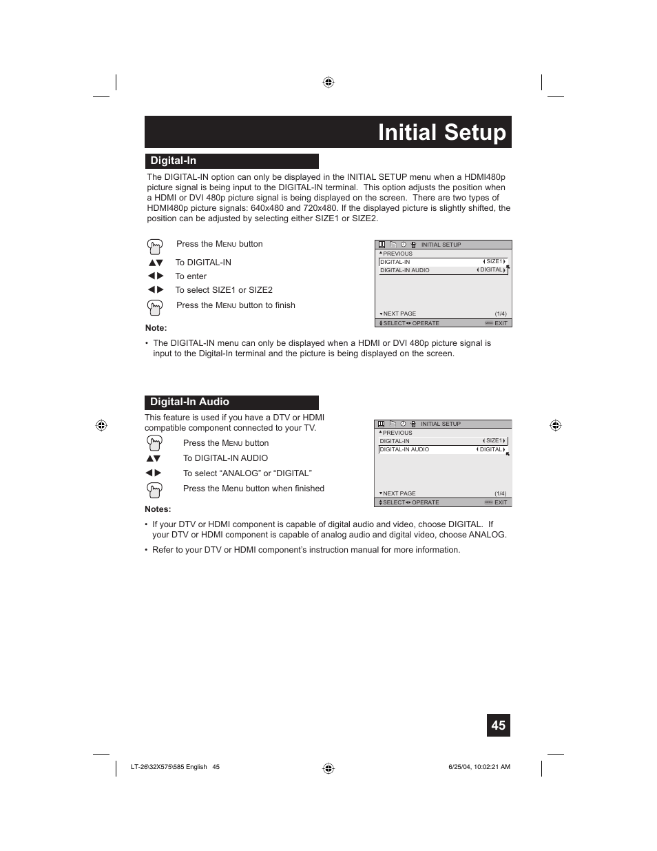 Initial setup, Digital-in, Digital-in audio | JVC T-26X585 User Manual | Page 45 / 72