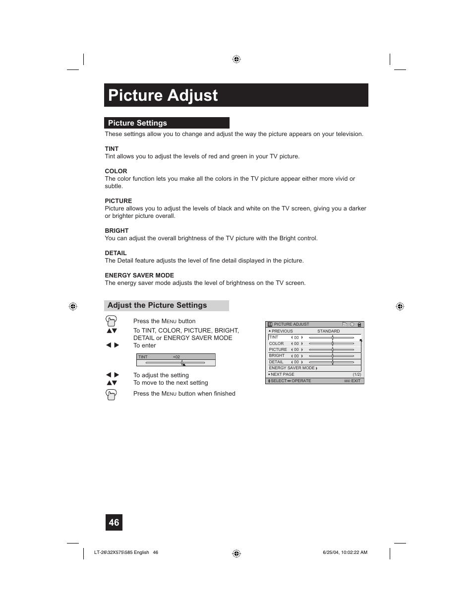 Picture adjust, Picture settings, Adjust the picture settings | JVC T-26X585 User Manual | Page 46 / 72