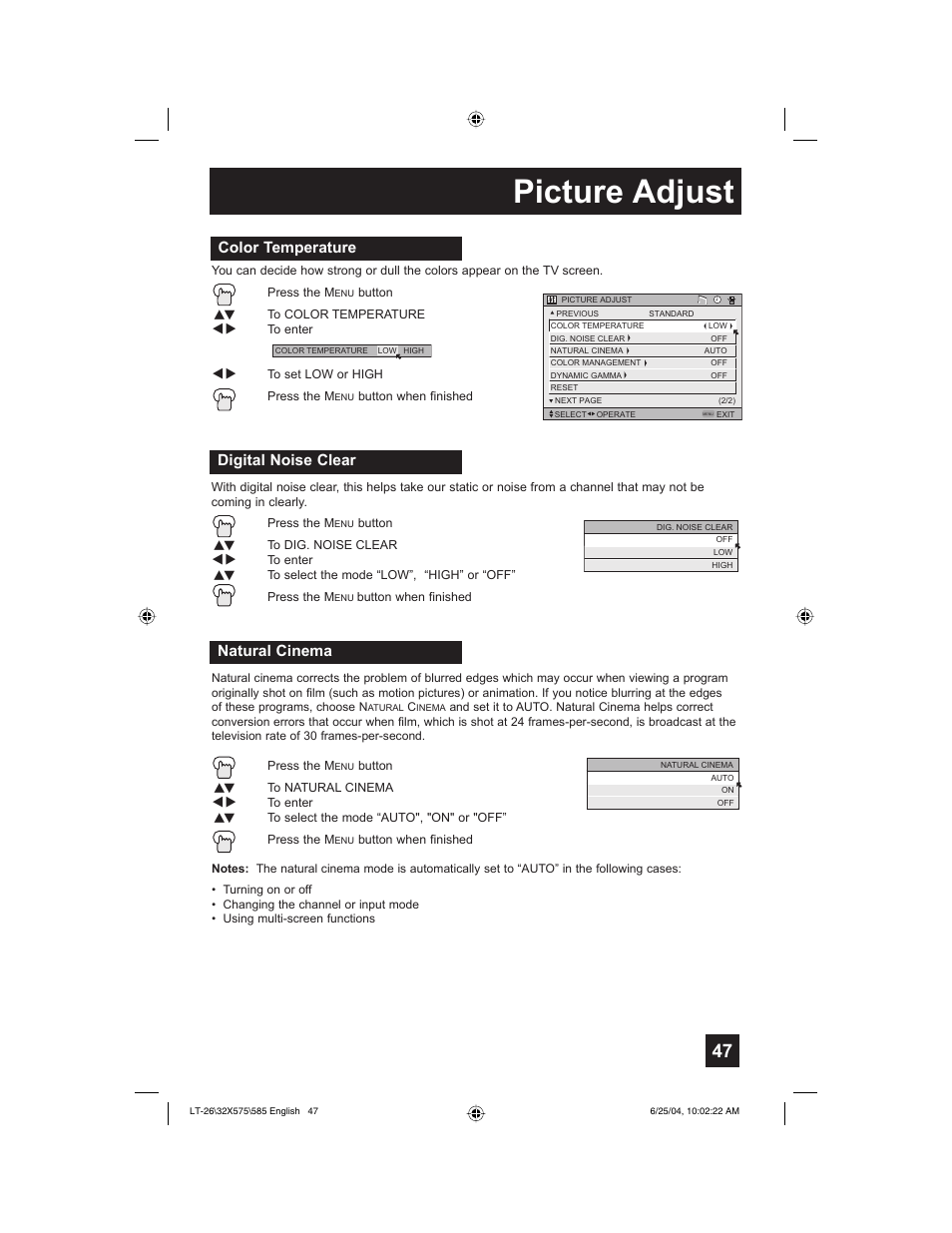 Picture adjust, Color temperature, Digital noise clear natural cinema | JVC T-26X585 User Manual | Page 47 / 72