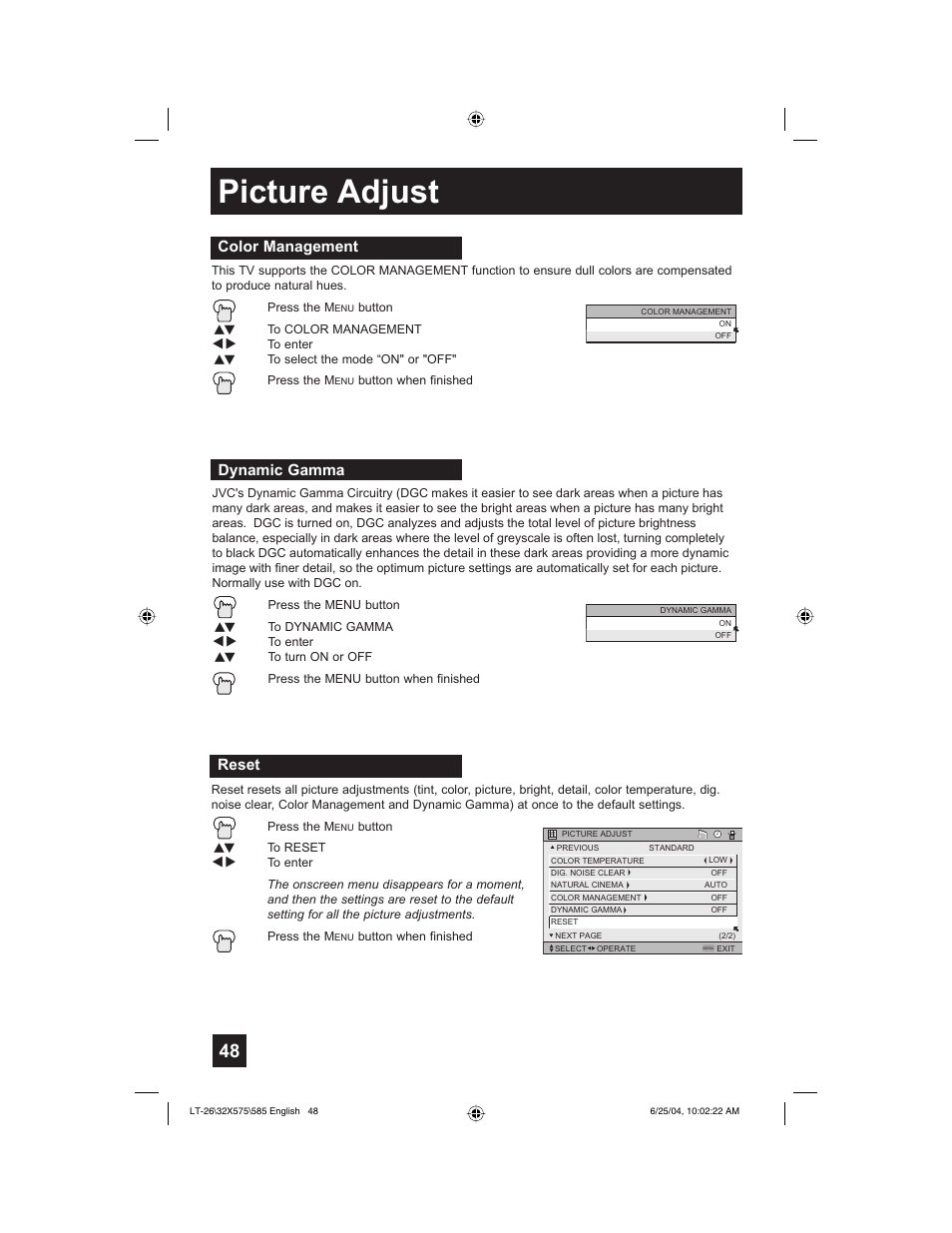 Picture adjust, Color management, Reset | Dynamic gamma | JVC T-26X585 User Manual | Page 48 / 72