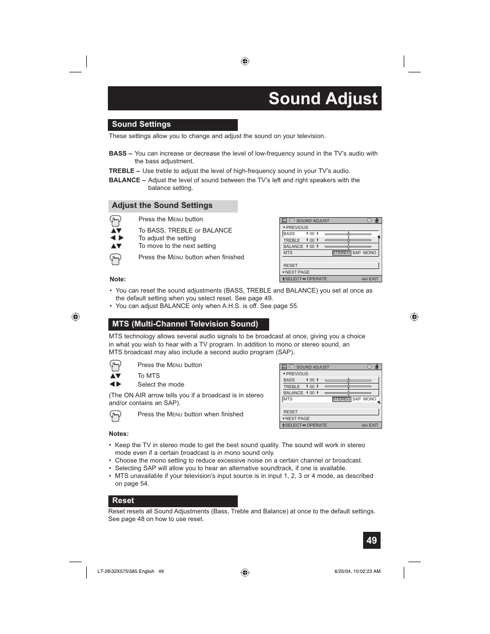 Sound adjust, Reset | JVC T-26X585 User Manual | Page 49 / 72