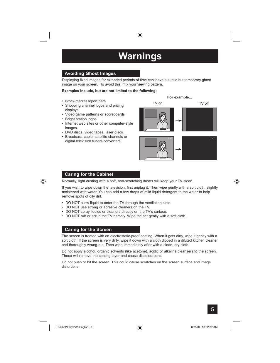 Warnings | JVC T-26X585 User Manual | Page 5 / 72
