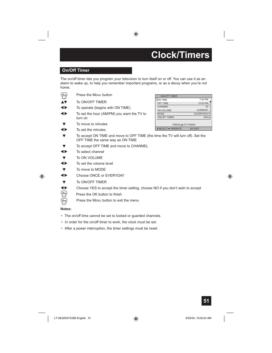 Clock/timers, On/off timer | JVC T-26X585 User Manual | Page 51 / 72