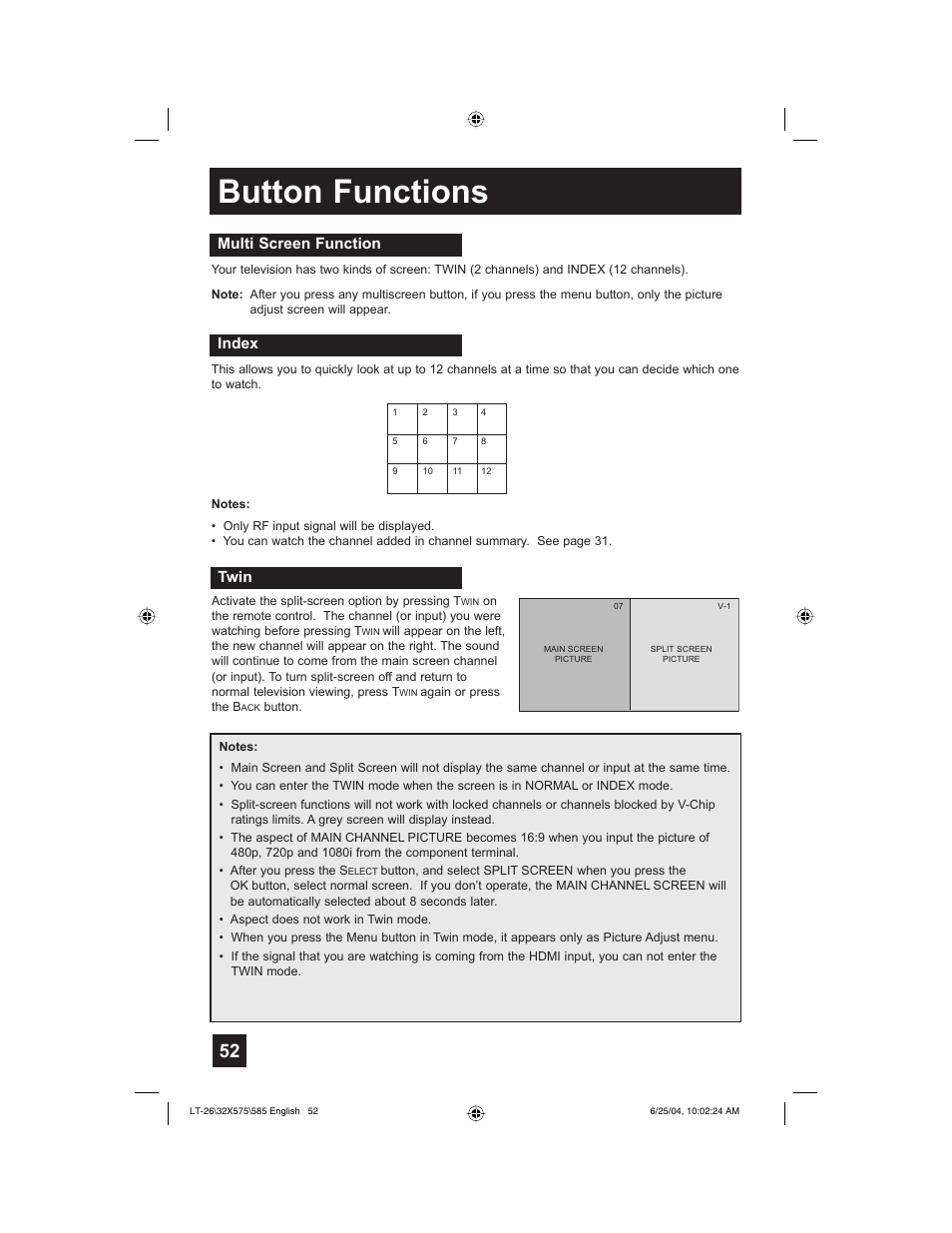 Button functions, Multi screen function, Index | Twin | JVC T-26X585 User Manual | Page 52 / 72