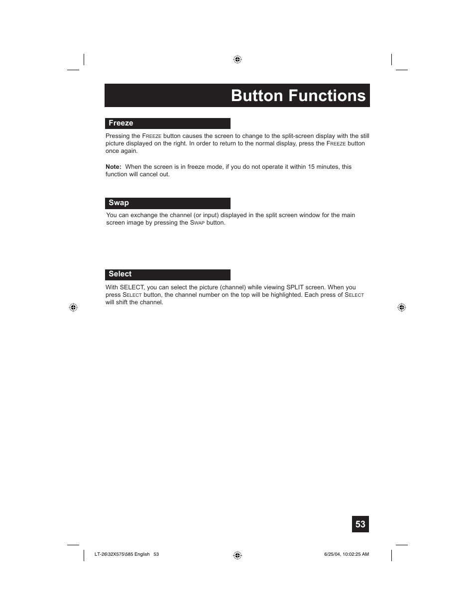 Button functions | JVC T-26X585 User Manual | Page 53 / 72