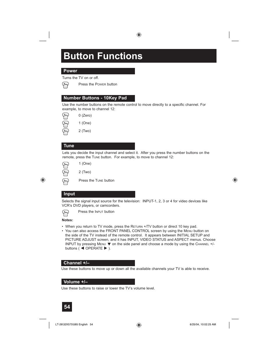 Button functions | JVC T-26X585 User Manual | Page 54 / 72