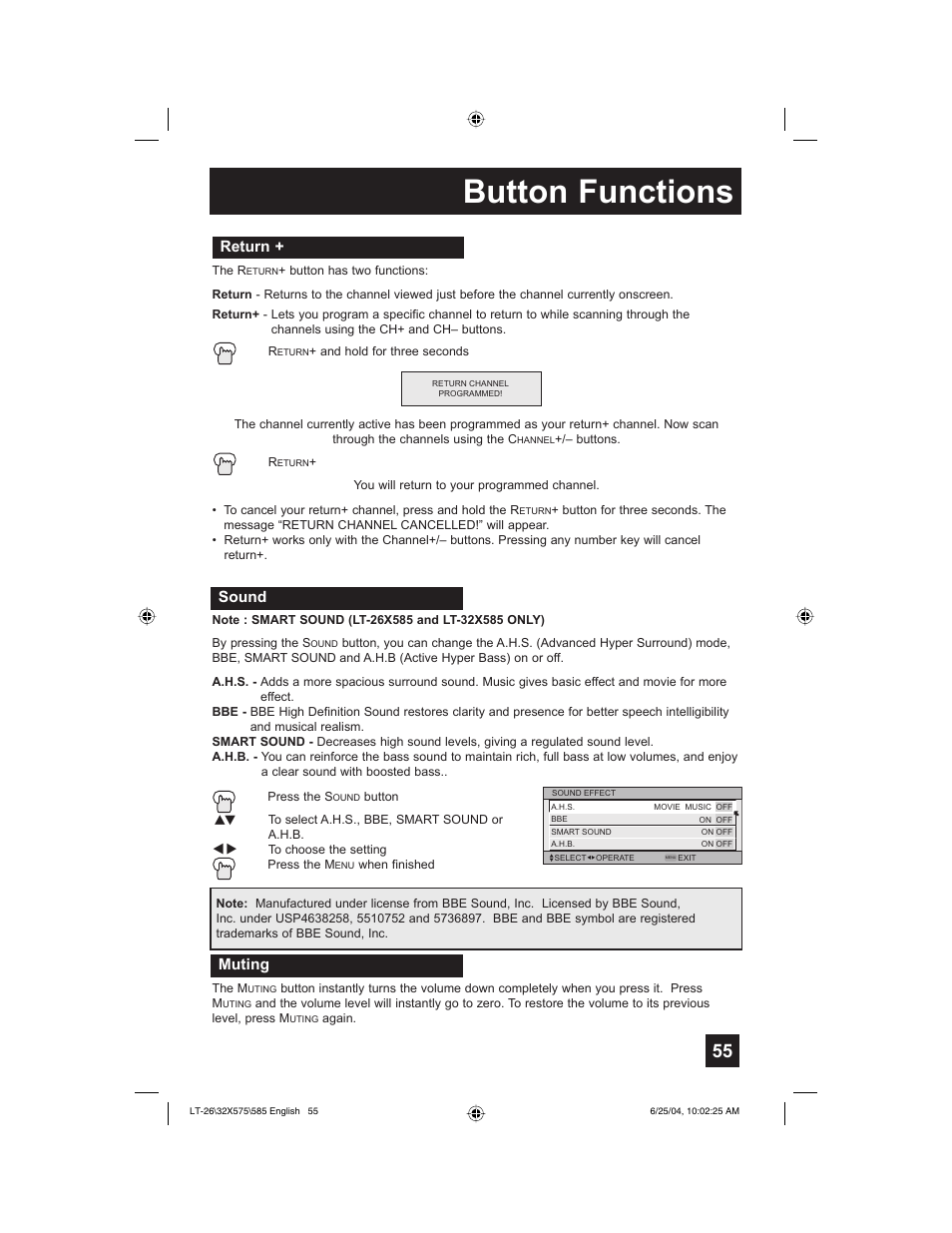 Button functions, Return, Sound | Muting | JVC T-26X585 User Manual | Page 55 / 72