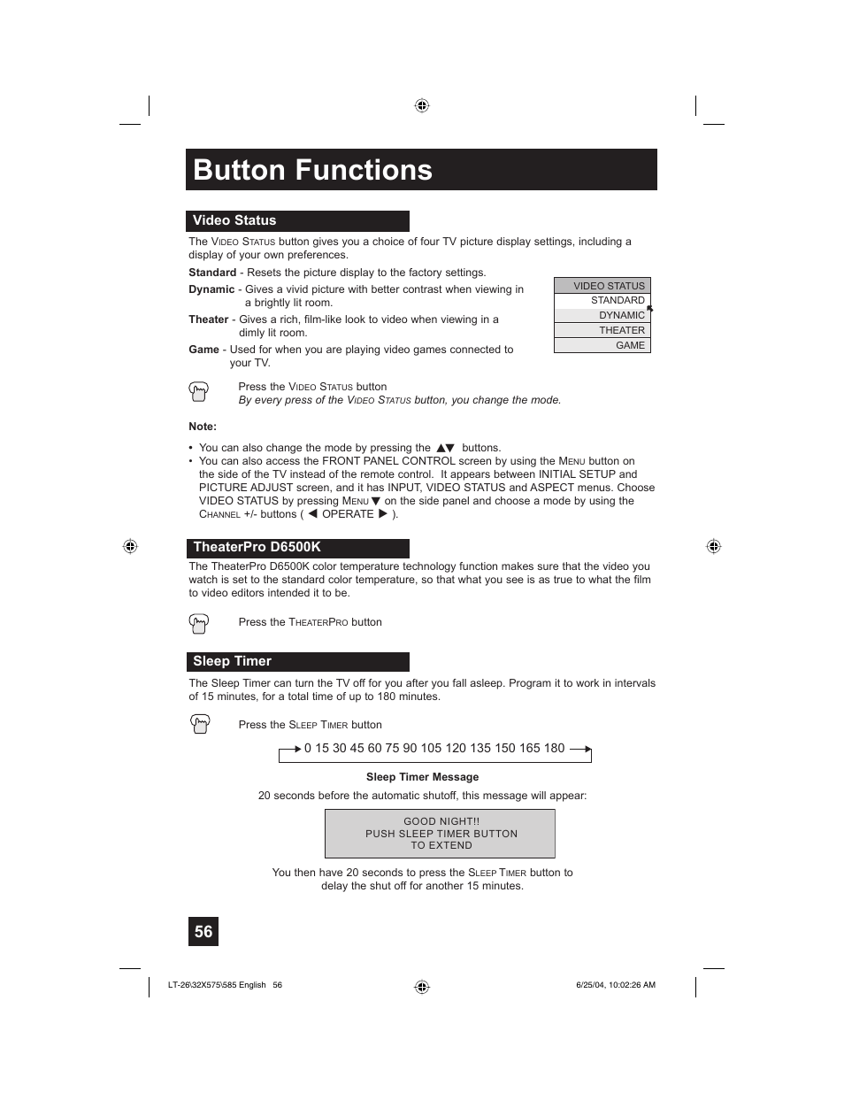 Button functions | JVC T-26X585 User Manual | Page 56 / 72