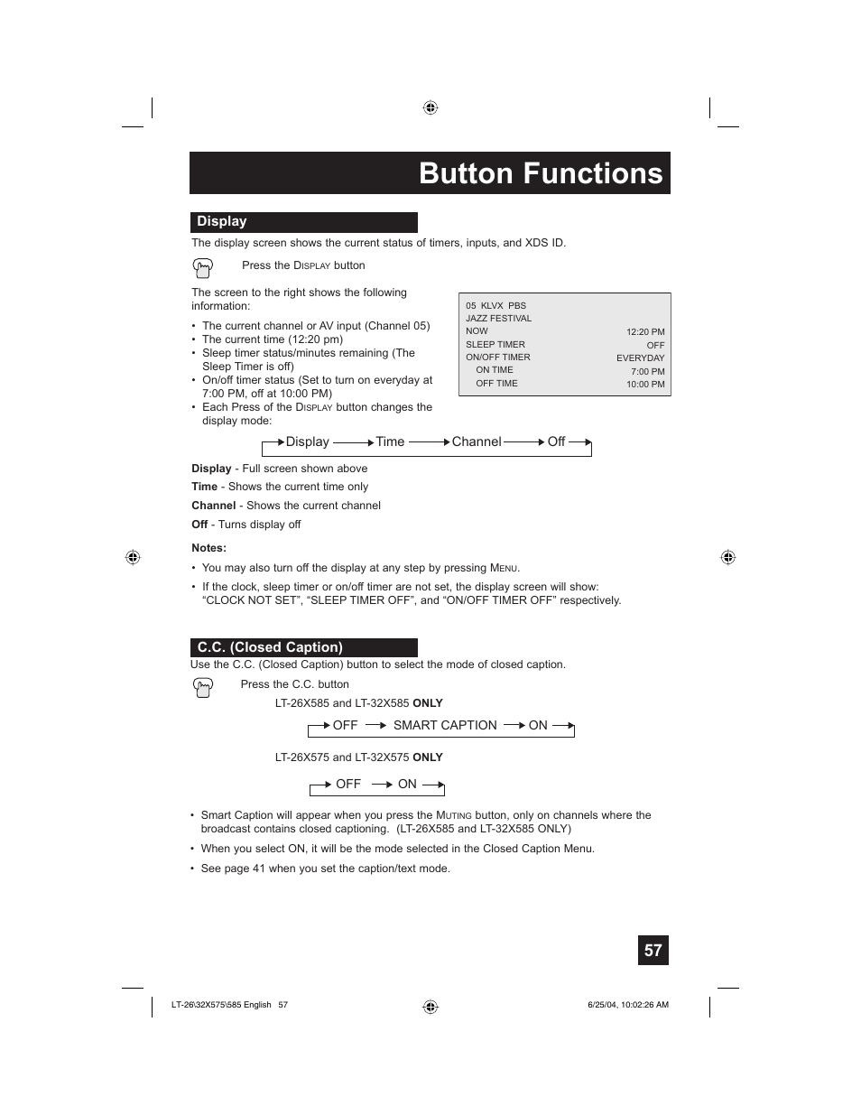 Button functions | JVC T-26X585 User Manual | Page 57 / 72