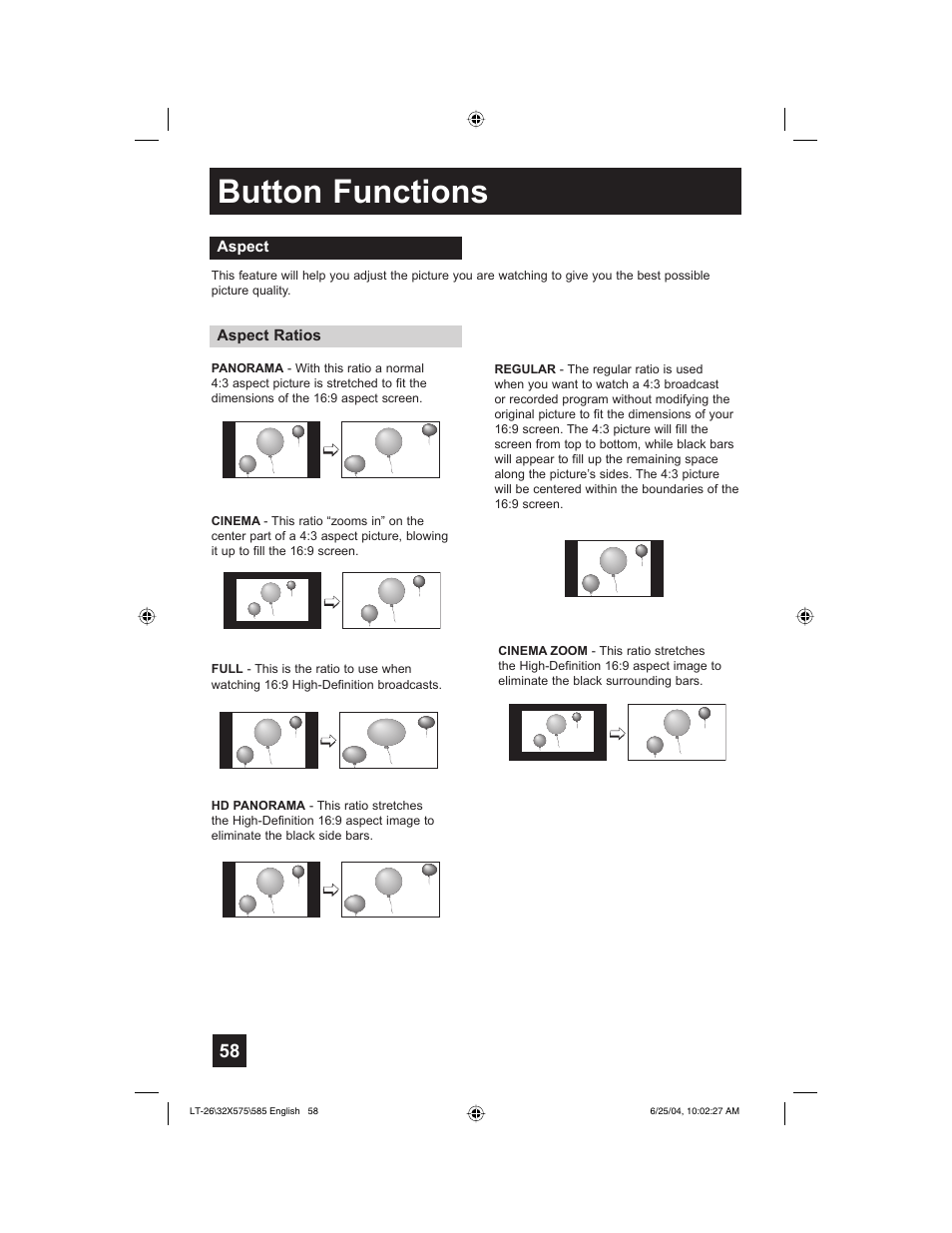 Button functions | JVC T-26X585 User Manual | Page 58 / 72