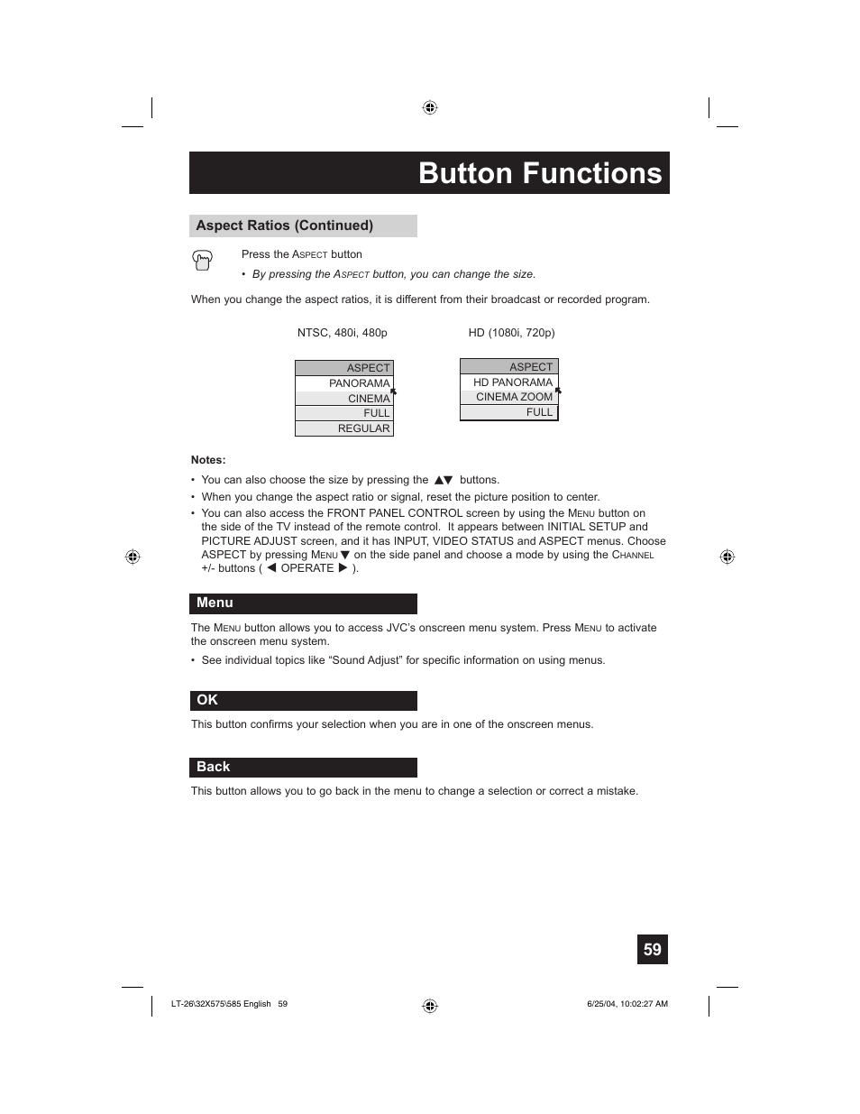 Button functions | JVC T-26X585 User Manual | Page 59 / 72