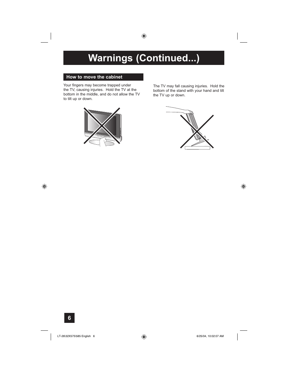 Warnings (continued...) | JVC T-26X585 User Manual | Page 6 / 72