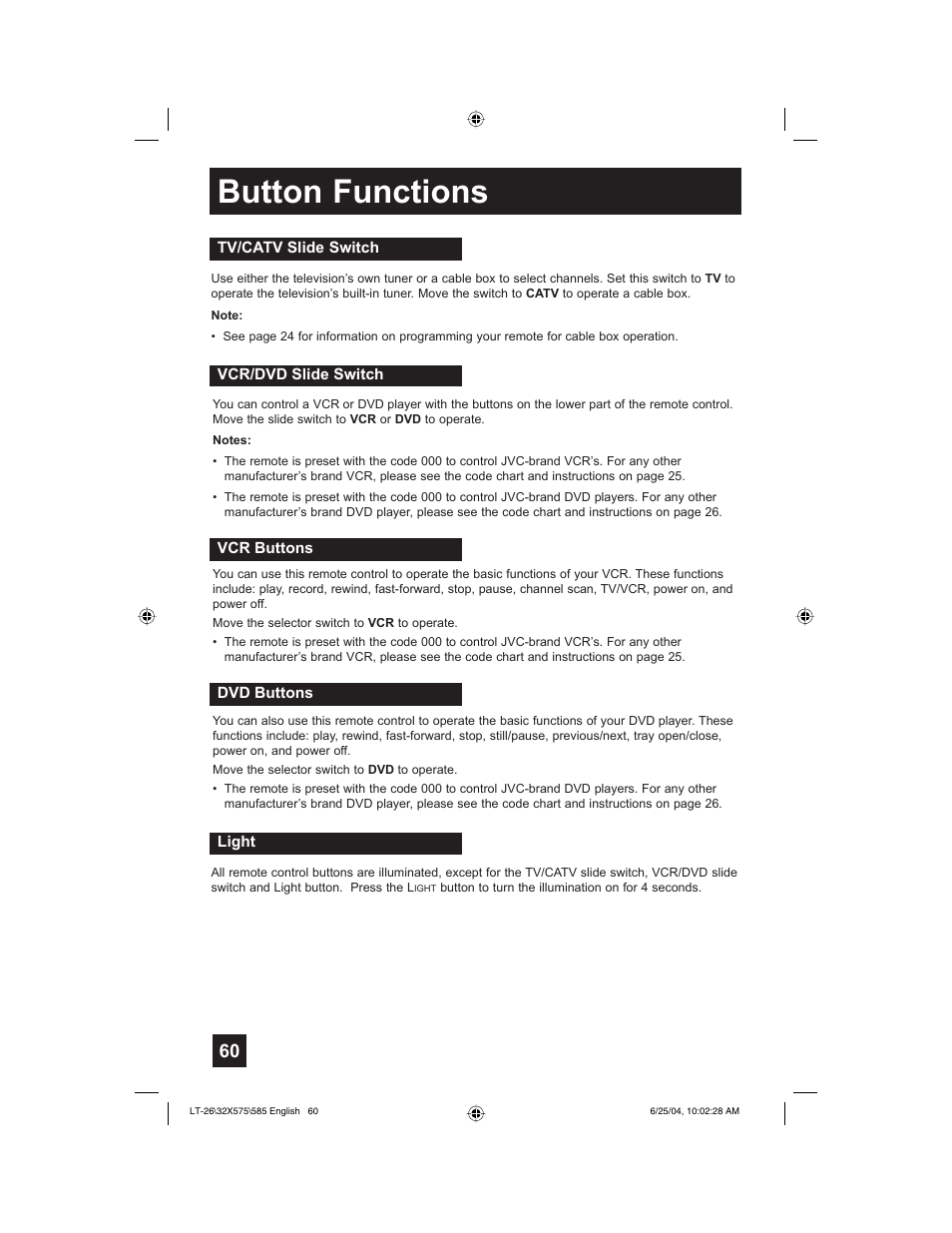 Button functions | JVC T-26X585 User Manual | Page 60 / 72