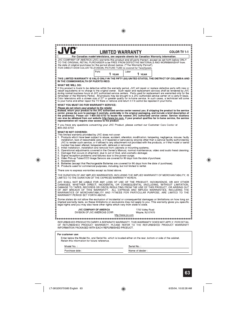 JVC T-26X585 User Manual | Page 63 / 72