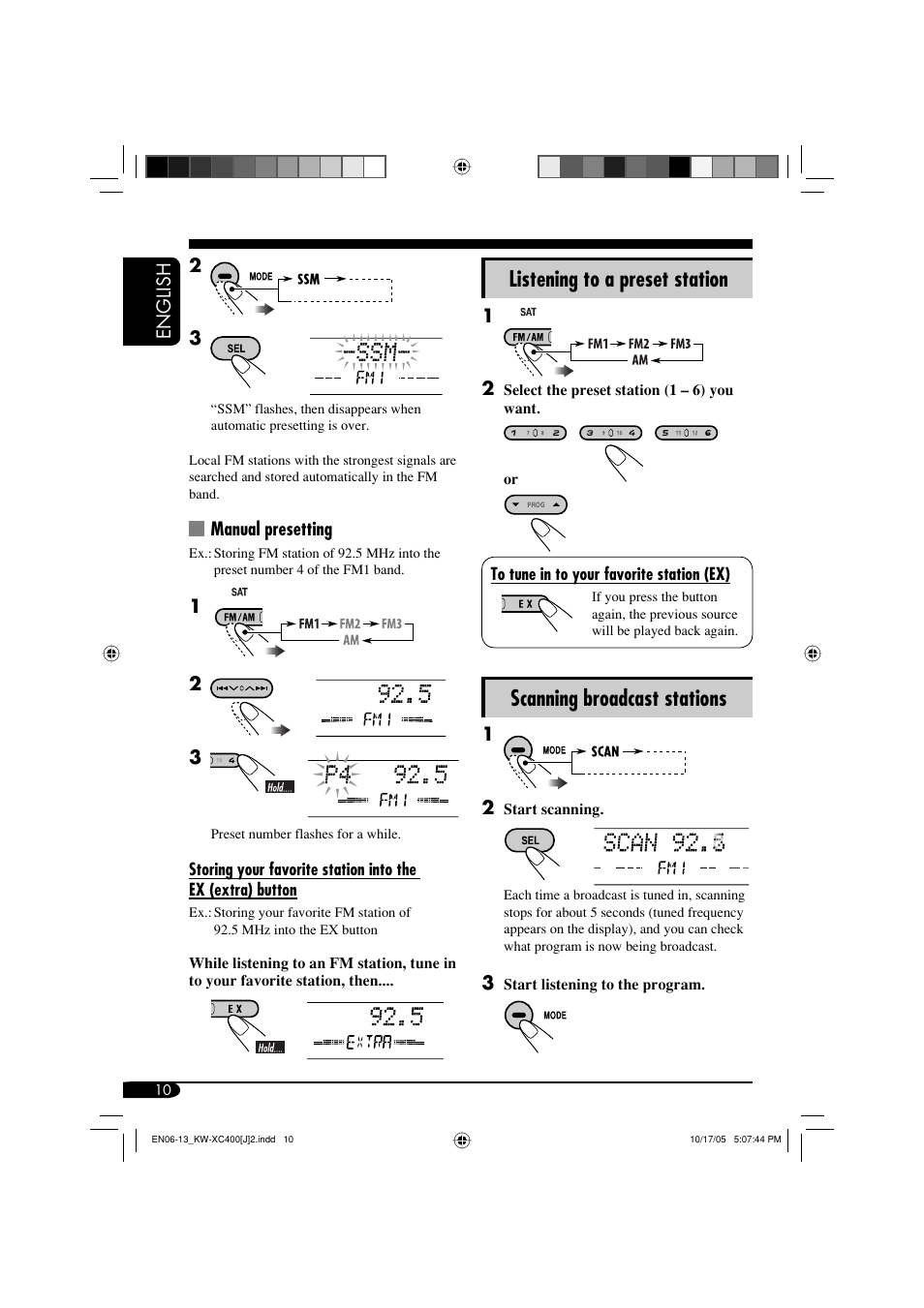 Listening to a preset station, Scanning broadcast stations | JVC Model KW-XC400J User Manual | Page 10 / 98