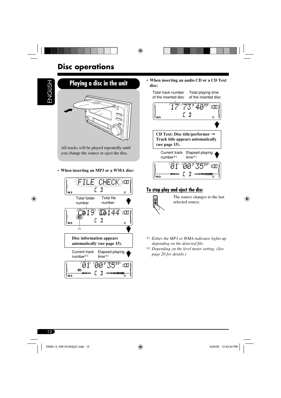 Disc operations, Playing a disc in the unit, English | JVC Model KW-XC400J User Manual | Page 12 / 98