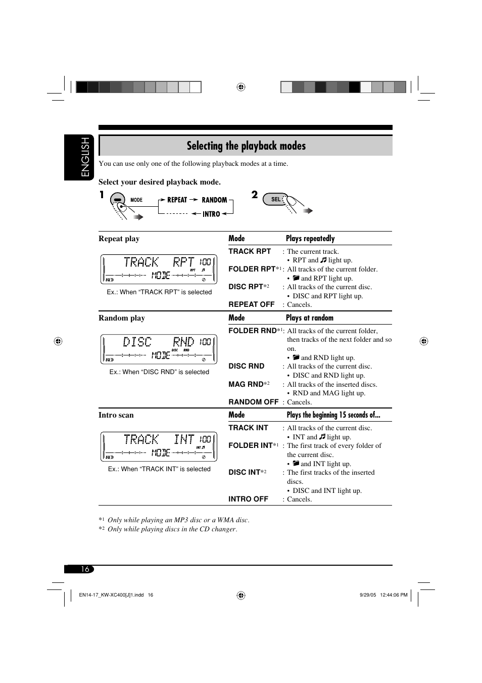 Selecting the playback modes, English | JVC Model KW-XC400J User Manual | Page 16 / 98