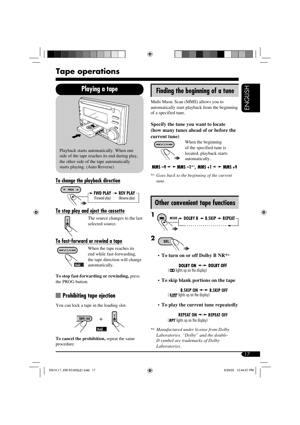 Tape operations, Playing a tape finding the beginning of a tune, Other convenient tape functions | English, Prohibiting tape ejection | JVC Model KW-XC400J User Manual | Page 17 / 98