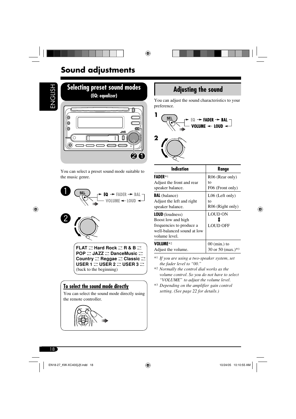 Sound adjustments, Selecting preset sound modes, Adjusting the sound | English | JVC Model KW-XC400J User Manual | Page 18 / 98