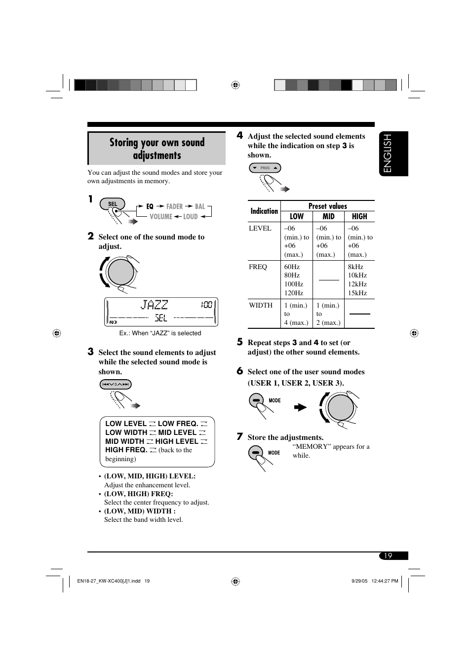 Storing your own sound adjustments, English | JVC Model KW-XC400J User Manual | Page 19 / 98