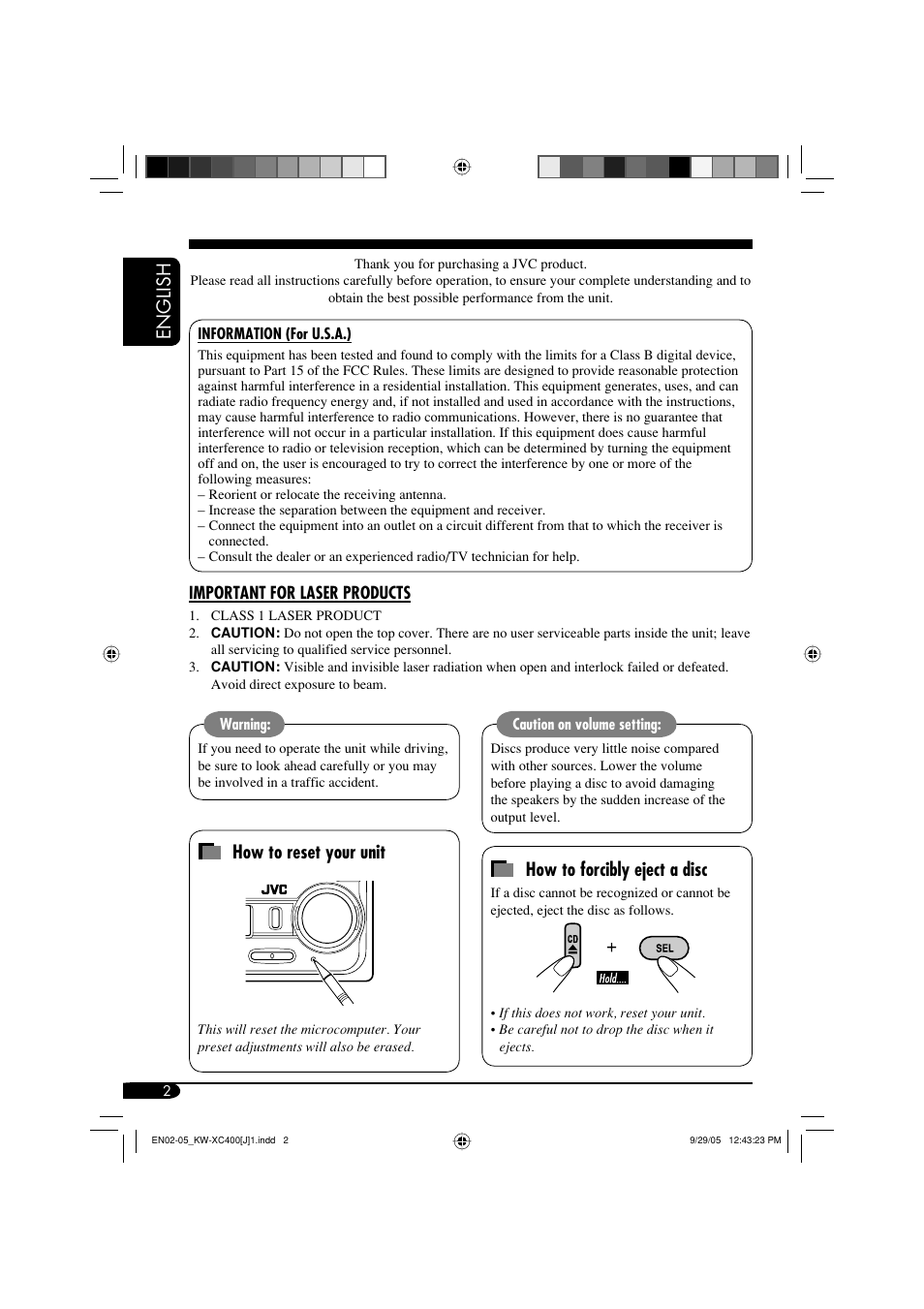 English, How to reset your unit, How to forcibly eject a disc | JVC Model KW-XC400J User Manual | Page 2 / 98