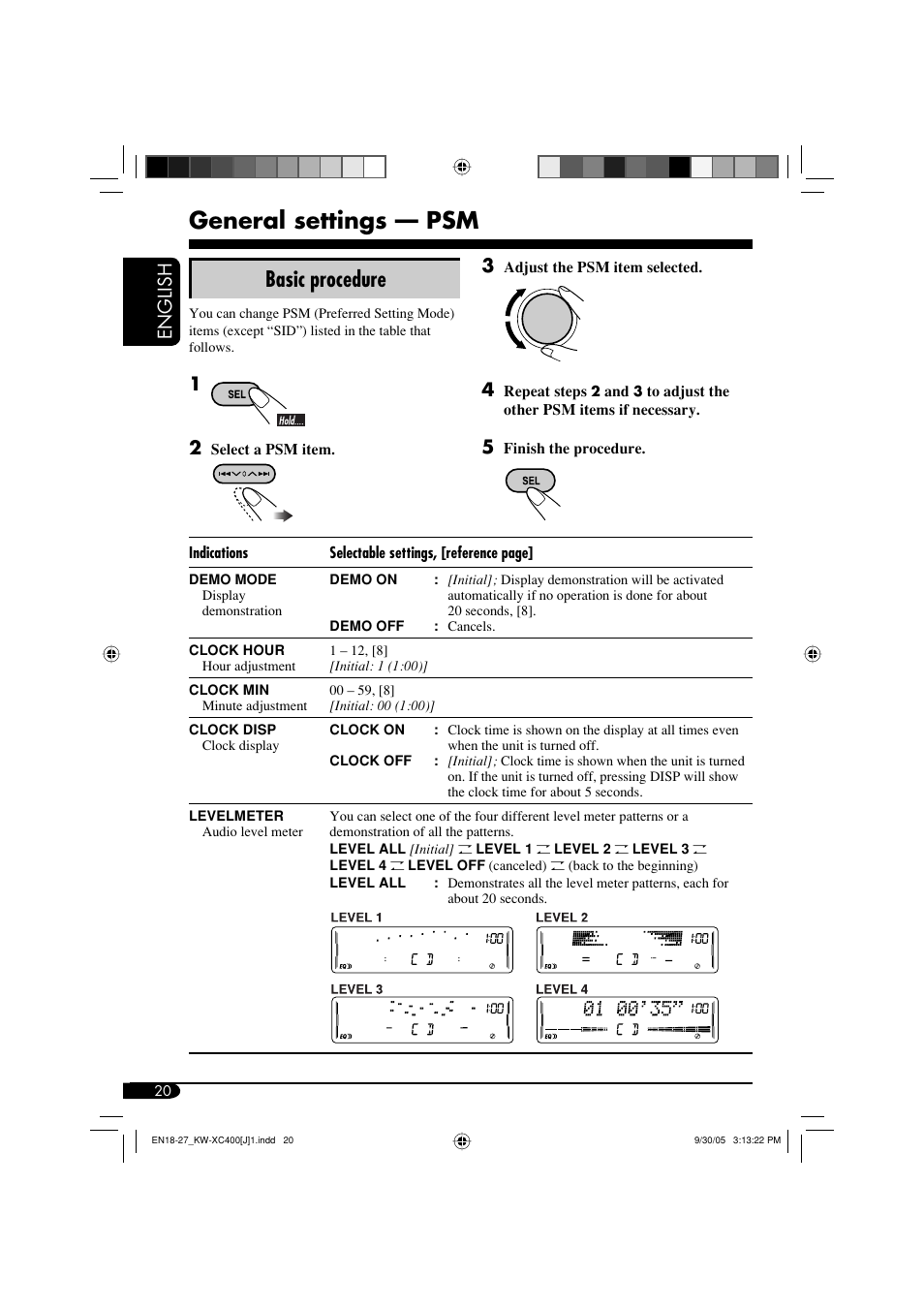 General settings — psm, Basic procedure, English | JVC Model KW-XC400J User Manual | Page 20 / 98