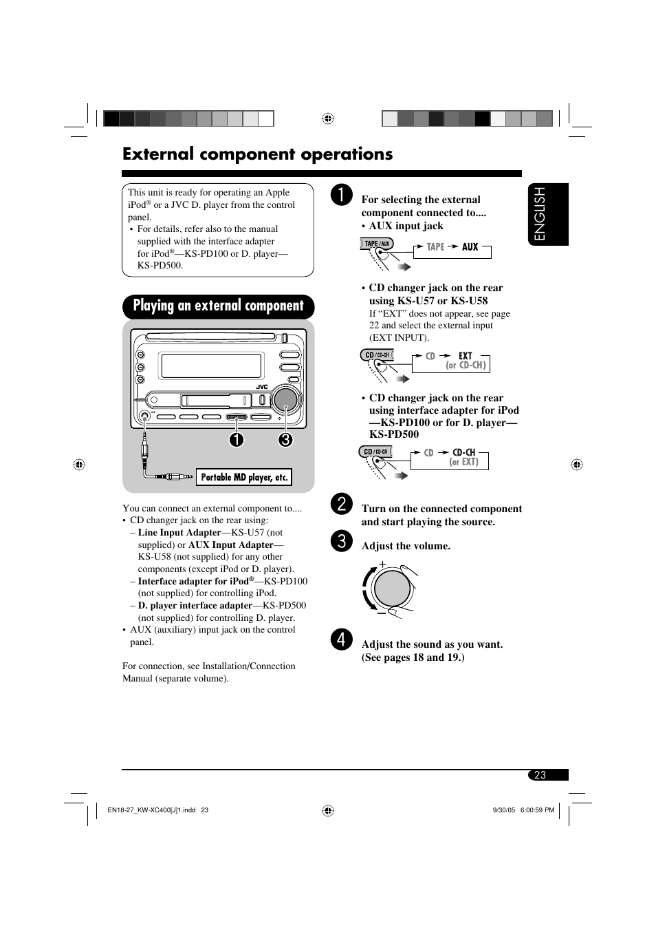 External component operations, Playing an external component | JVC Model KW-XC400J User Manual | Page 23 / 98