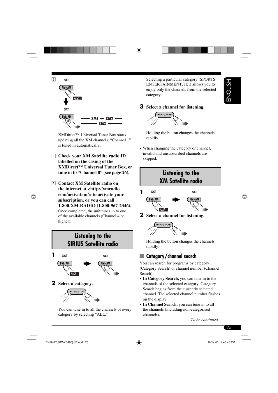 Listening to the xm satellite radio, Listening to the sirius satellite radio, English | Category/channel search | JVC Model KW-XC400J User Manual | Page 25 / 98