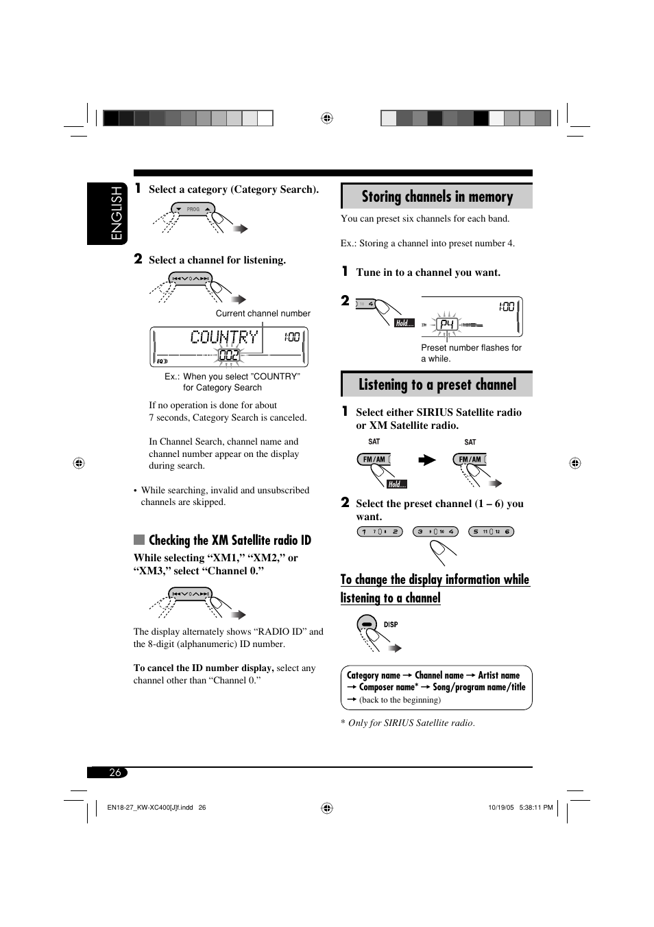 Listening to a preset channel, English, Checking the xm satellite radio id | JVC Model KW-XC400J User Manual | Page 26 / 98