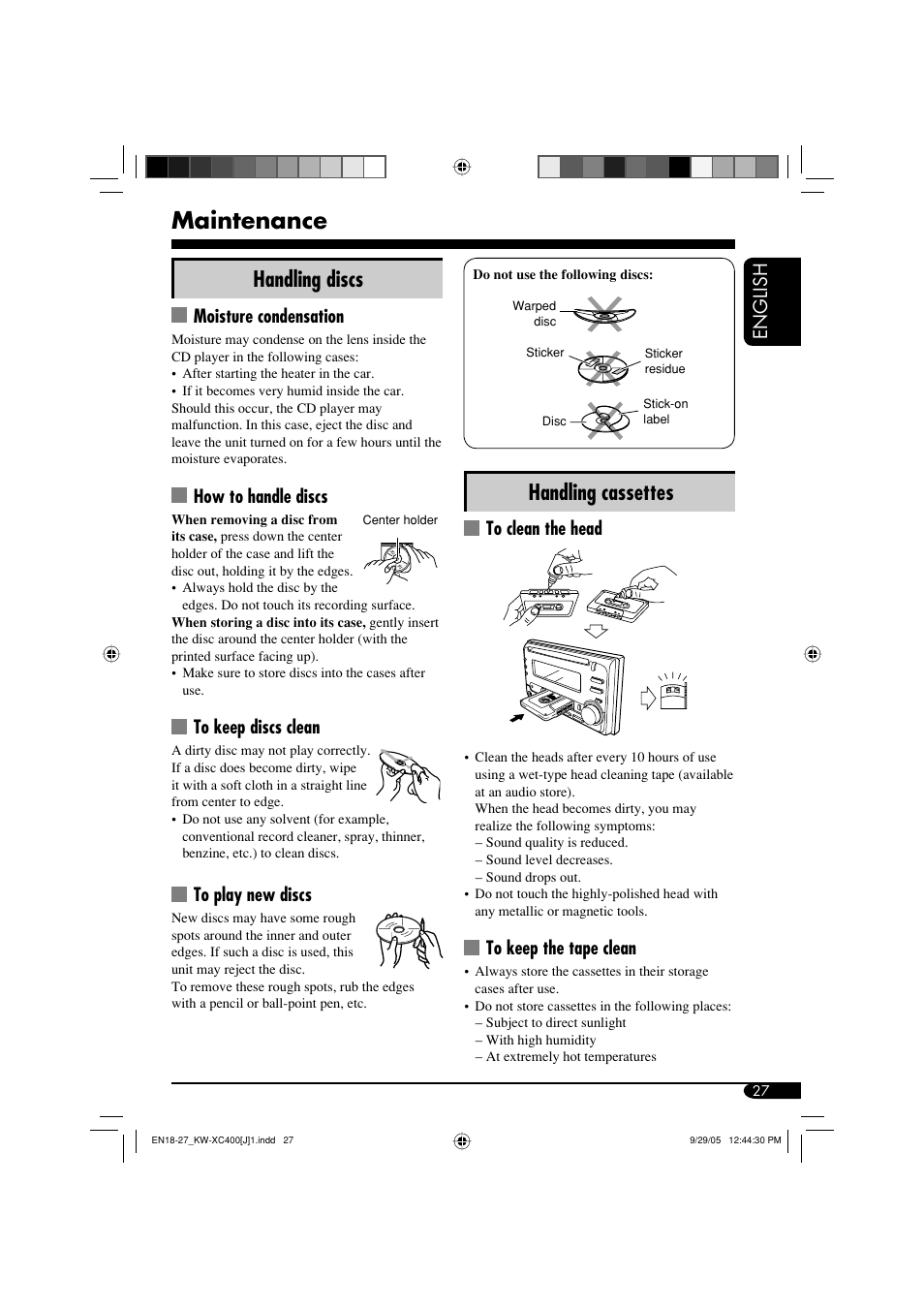 Maintenance, Handling cassettes, Handling discs | English, Moisture condensation, How to handle discs | JVC Model KW-XC400J User Manual | Page 27 / 98