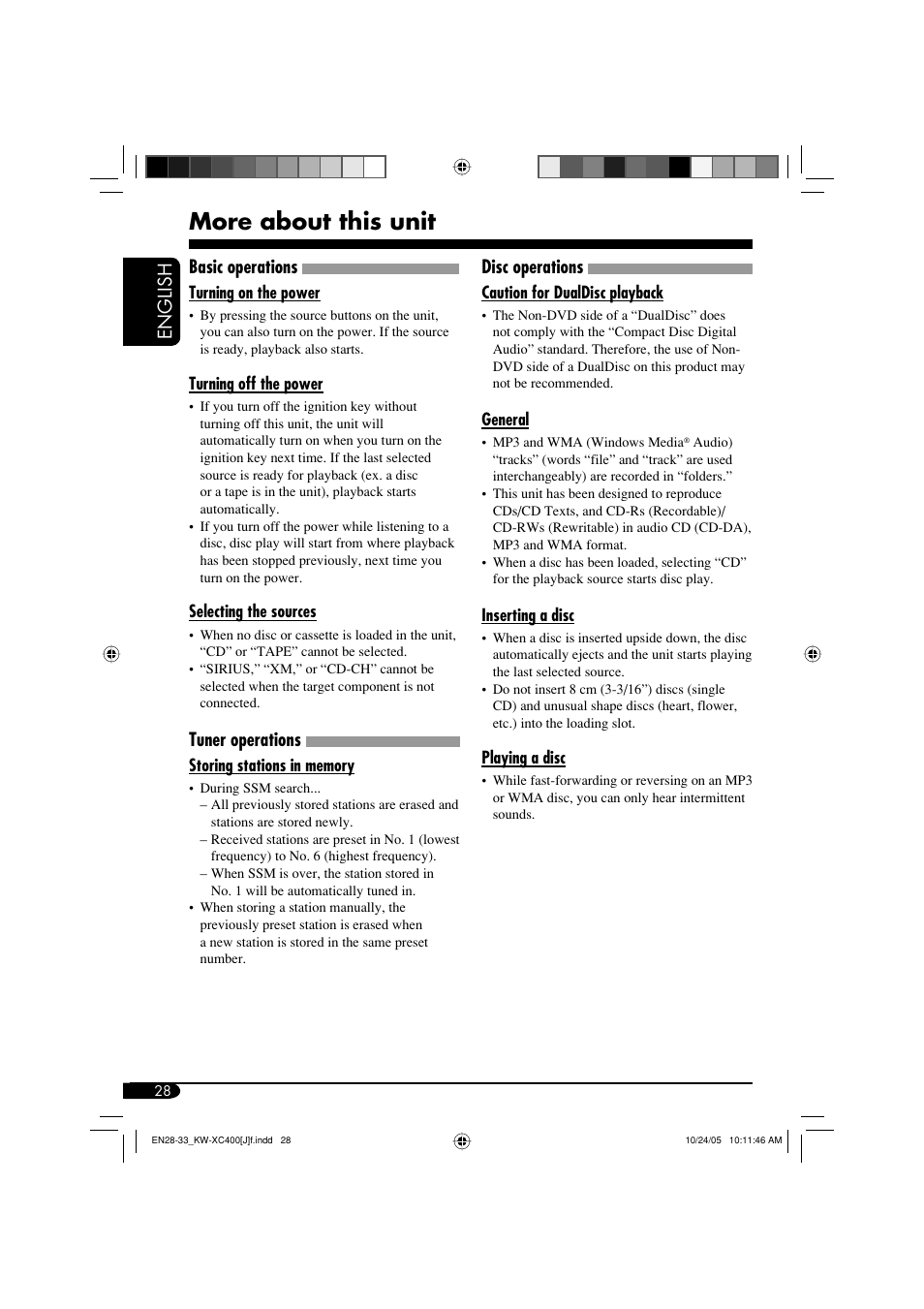 More about this unit, English, Basic operations | Tuner operations, Disc operations | JVC Model KW-XC400J User Manual | Page 28 / 98