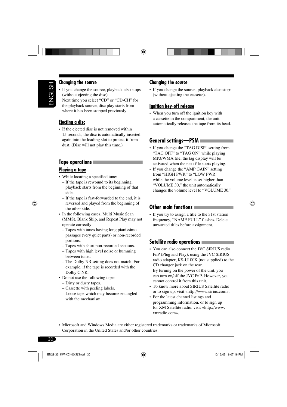 English, Tape operations, General settings—psm | Other main functions, Satellite radio operations | JVC Model KW-XC400J User Manual | Page 30 / 98