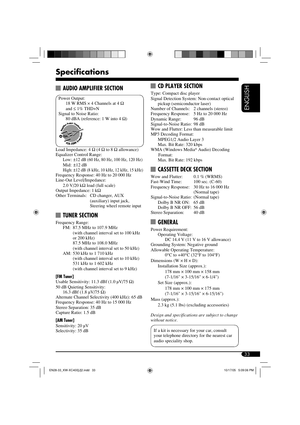 Specifications, General | JVC Model KW-XC400J User Manual | Page 33 / 98