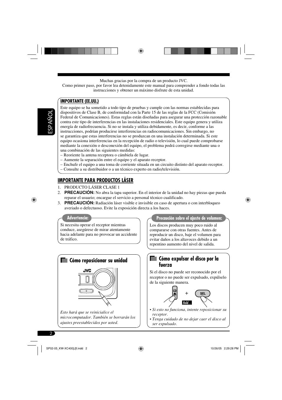 Español, Cómo reposicionar su unidad, Cómo expulsar el disco por la fuerza | JVC Model KW-XC400J User Manual | Page 34 / 98