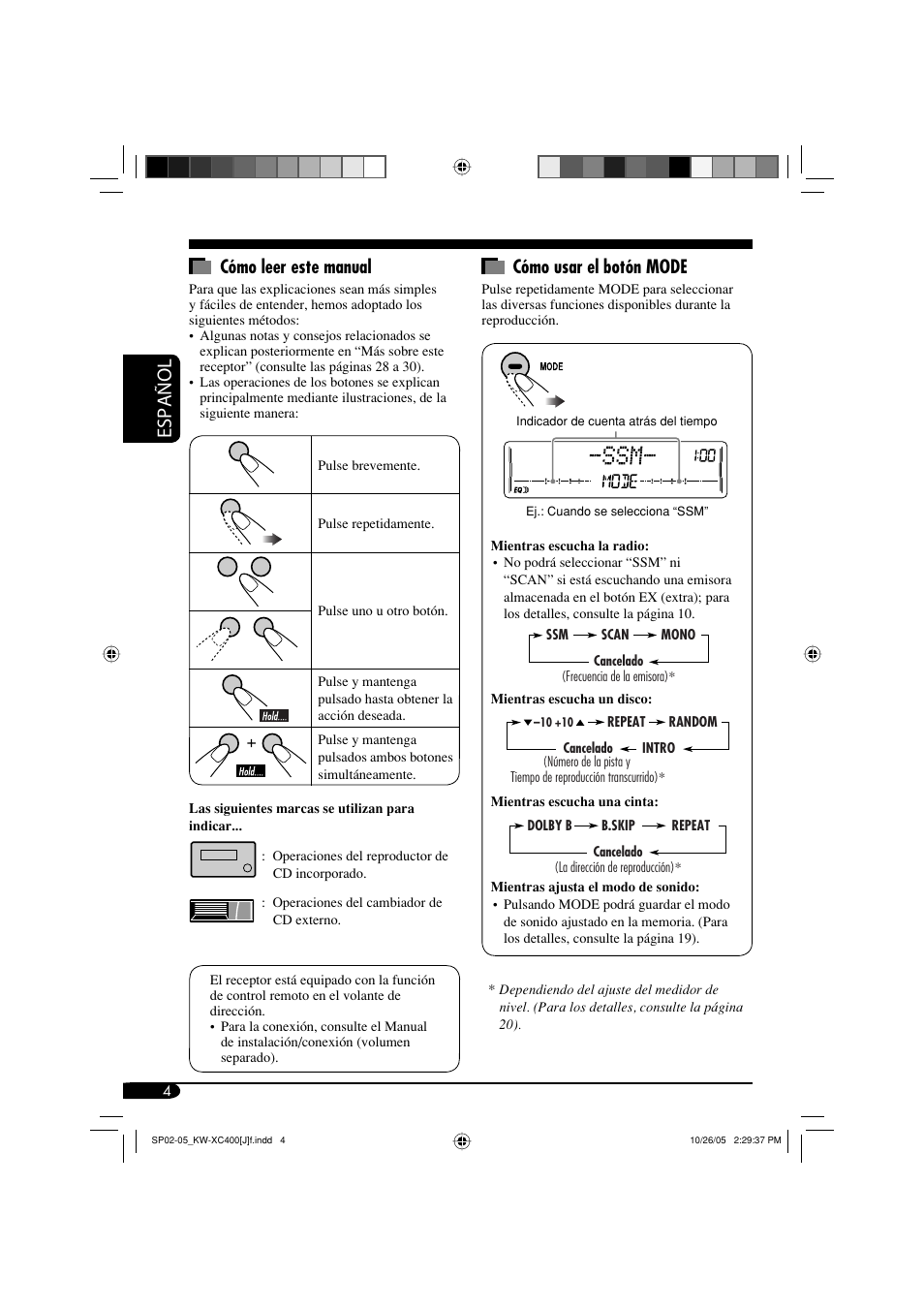 Español, Cómo leer este manual, Cómo usar el botón mode | JVC Model KW-XC400J User Manual | Page 36 / 98