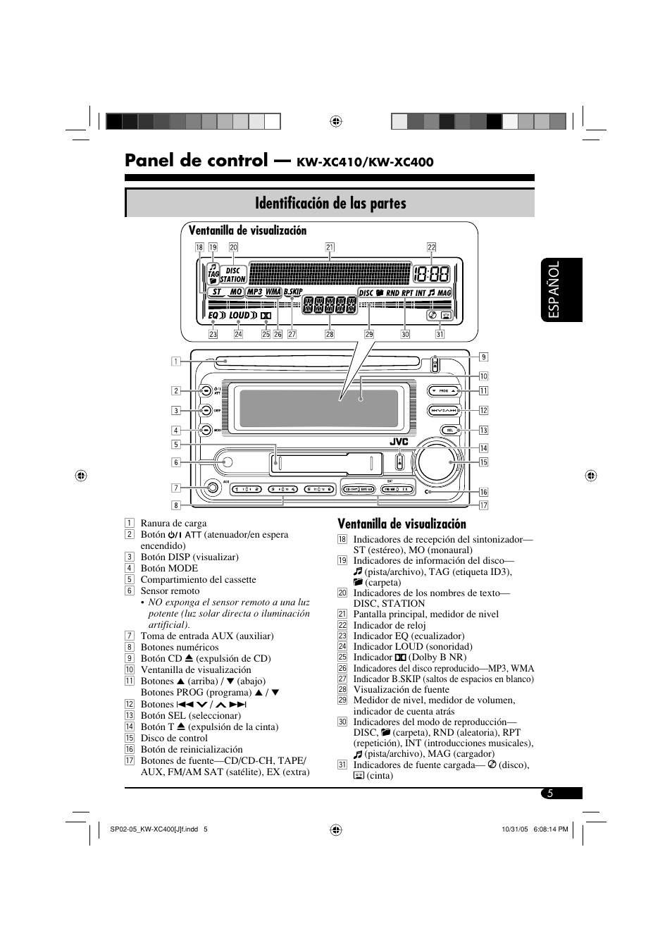 Panel de control, Identificación de las partes, Español | Ventanilla de visualización | JVC Model KW-XC400J User Manual | Page 37 / 98