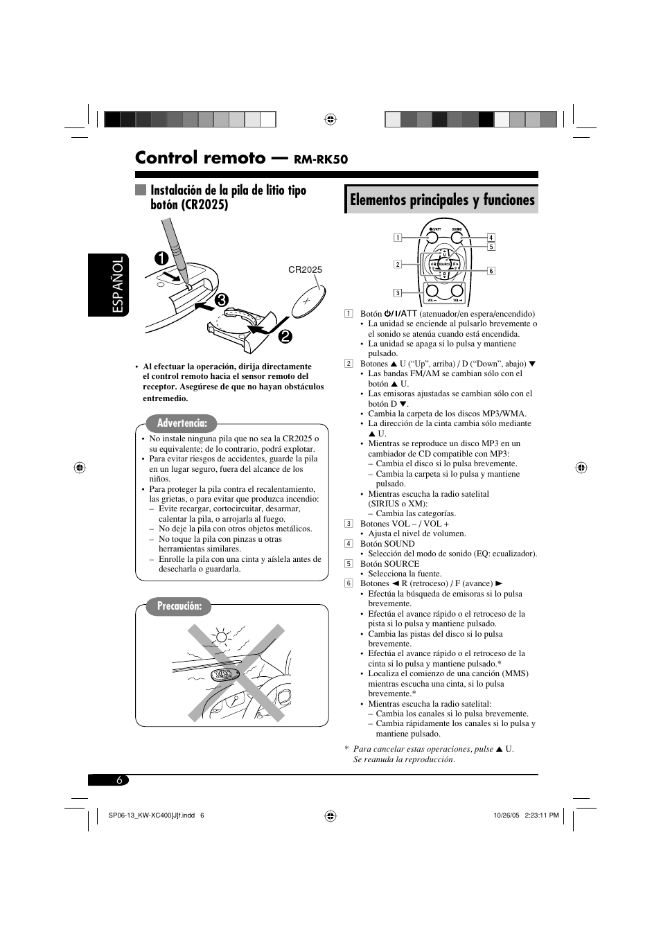 Control remoto, Elementos principales y funciones, Español | Rm-rk50, Advertencia, Precaución | JVC Model KW-XC400J User Manual | Page 38 / 98