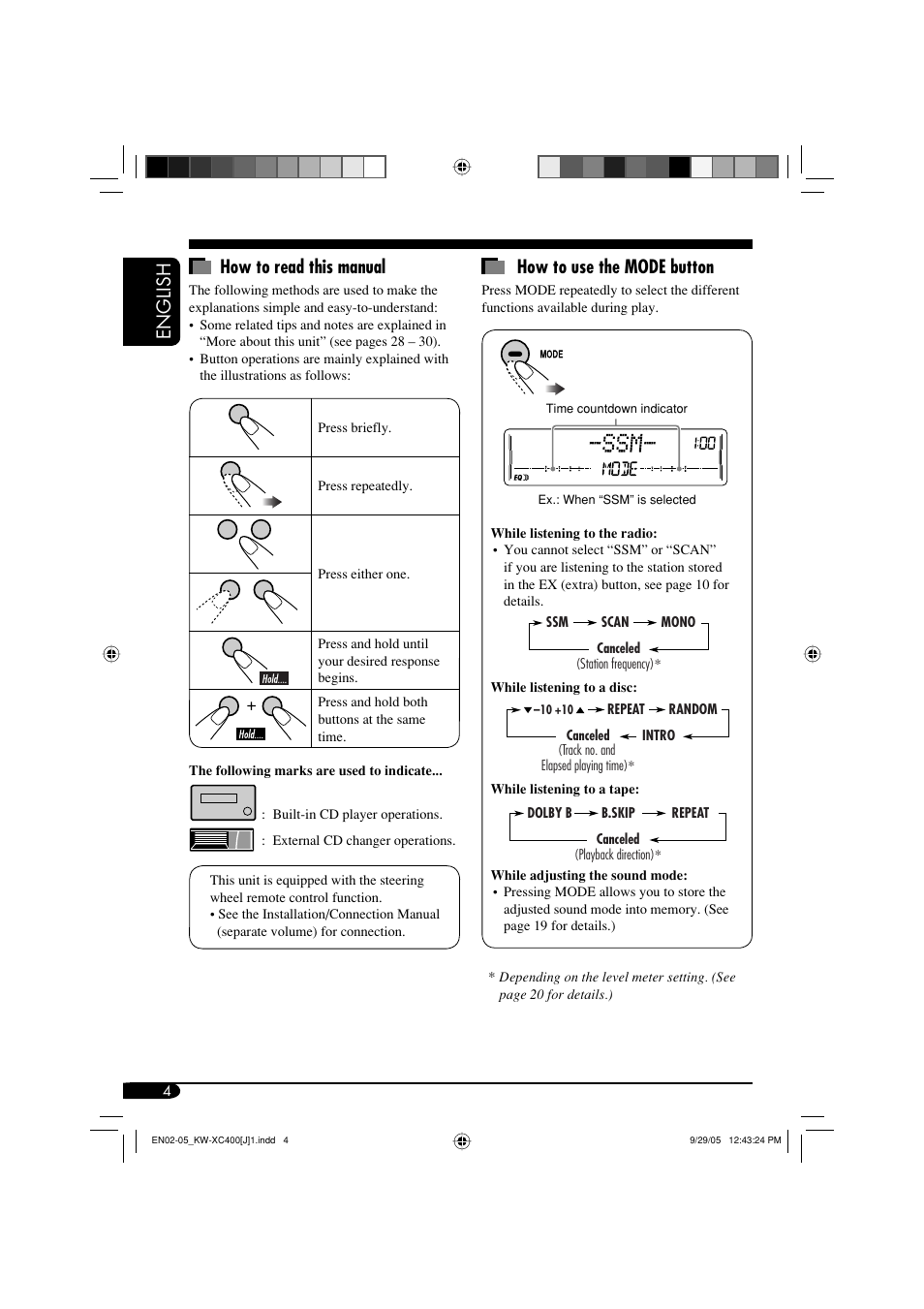 English how to read this manual, How to use the mode button | JVC Model KW-XC400J User Manual | Page 4 / 98