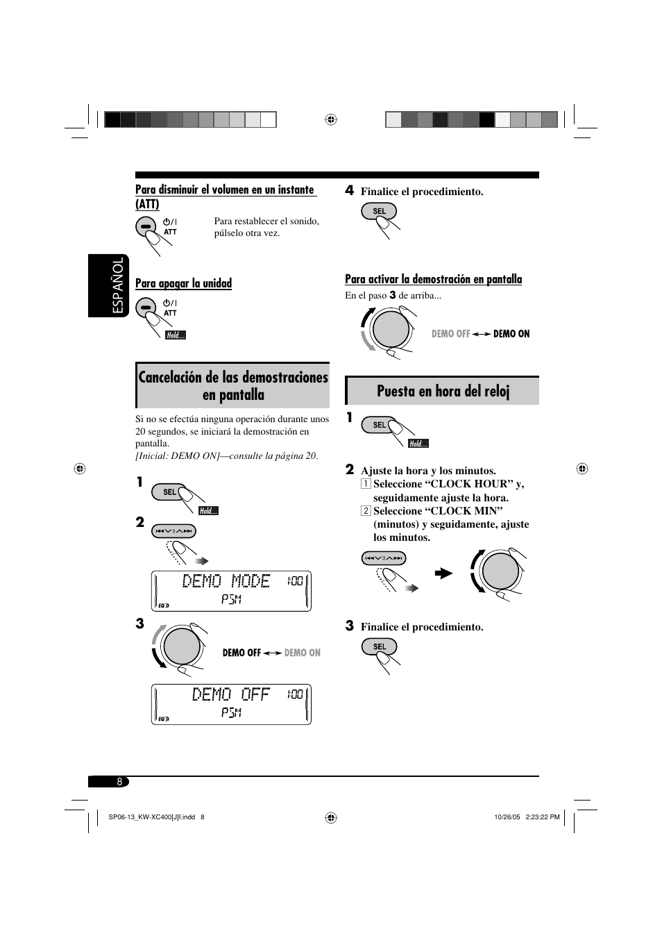 Cancelación de las demostraciones en pantalla, Puesta en hora del reloj, Español | JVC Model KW-XC400J User Manual | Page 40 / 98