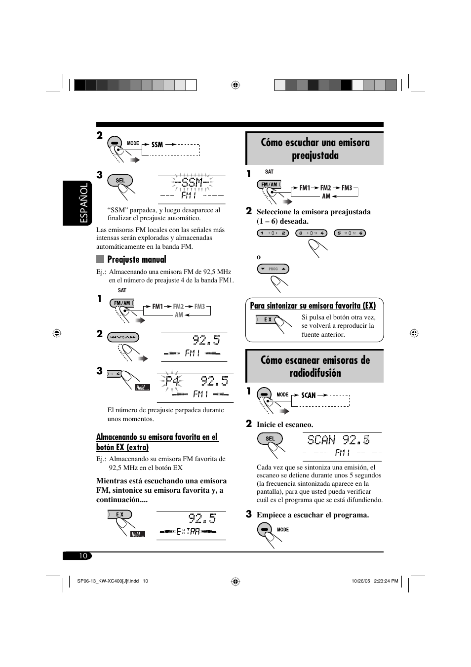 Cómo escuchar una emisora preajustada, Cómo escanear emisoras de radiodifusión, Español | JVC Model KW-XC400J User Manual | Page 42 / 98