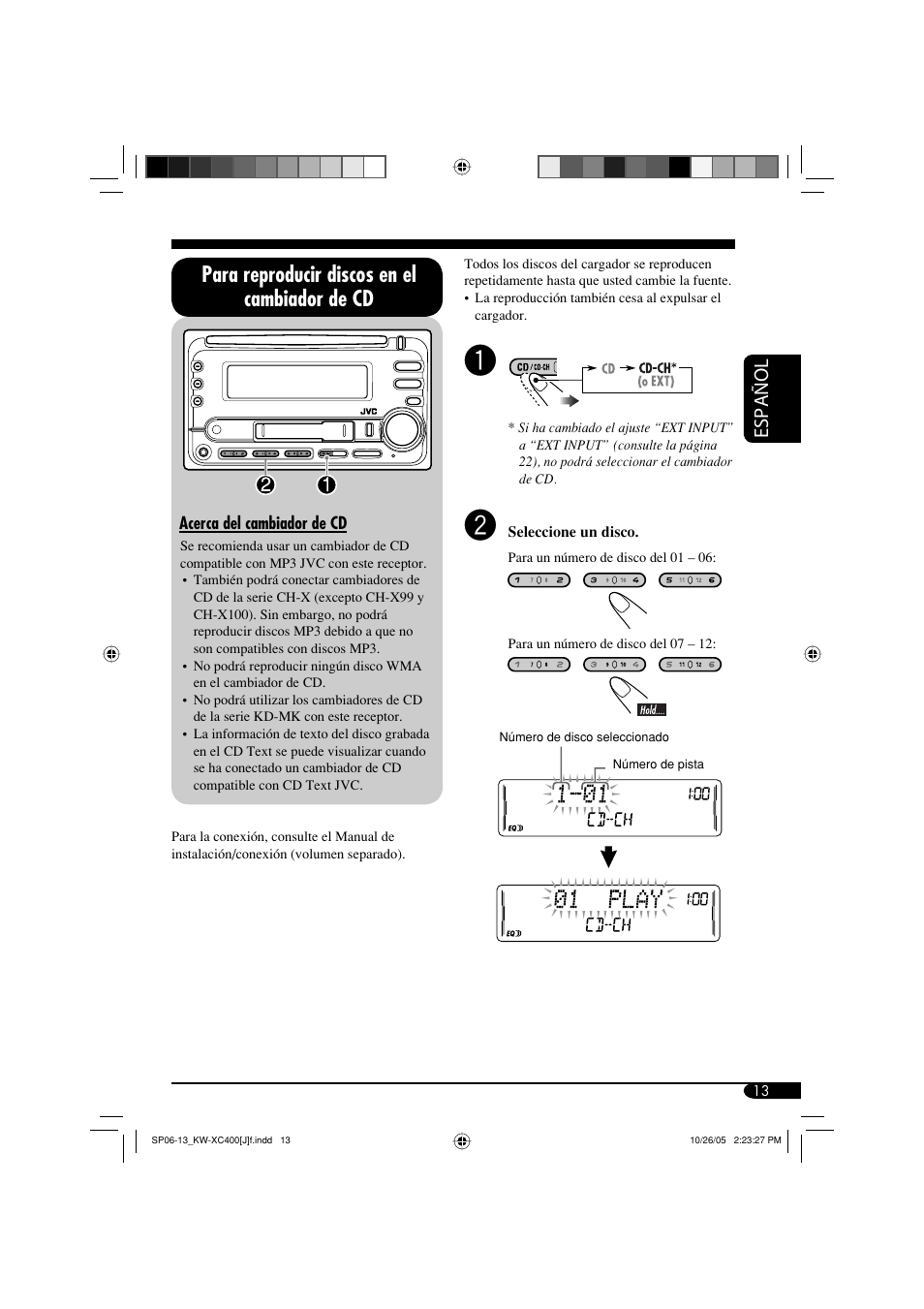 Para reproducir discos en el cambiador de cd, Español | JVC Model KW-XC400J User Manual | Page 45 / 98