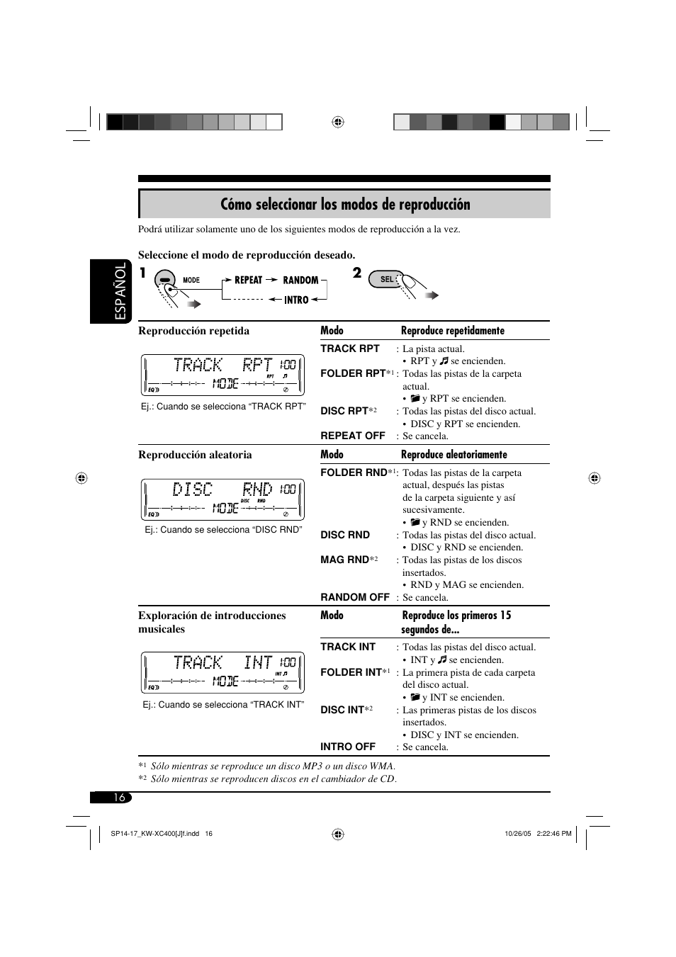 Cómo seleccionar los modos de reproducción, Español | JVC Model KW-XC400J User Manual | Page 48 / 98