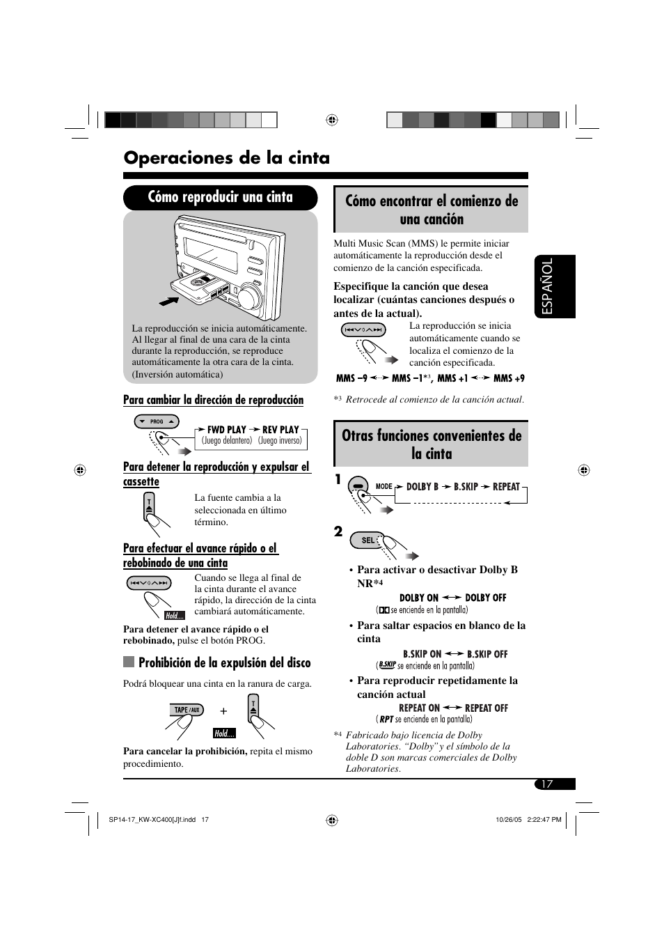 Operaciones de la cinta, Otras funciones convenientes de la cinta, Español | Prohibición de la expulsión del disco | JVC Model KW-XC400J User Manual | Page 49 / 98