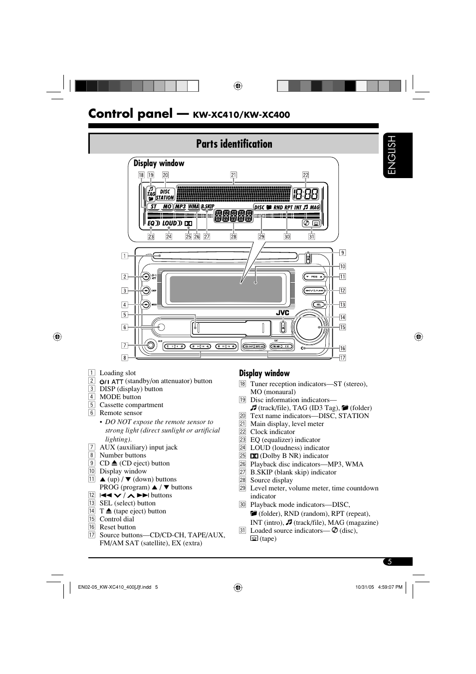 Control panel, Parts identification, English | JVC Model KW-XC400J User Manual | Page 5 / 98