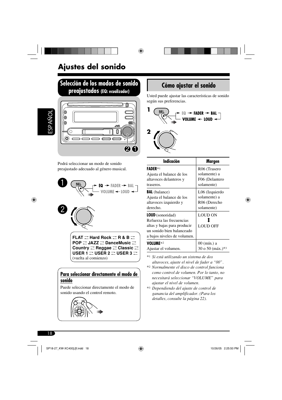 Ajustes del sonido, Selección de los modos de sonido preajustados, Cómo ajustar el sonido | Español | JVC Model KW-XC400J User Manual | Page 50 / 98