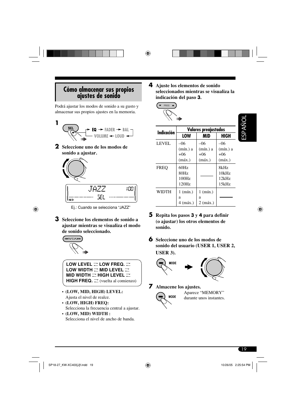 Cómo almacenar sus propios ajustes de sonido, Español | JVC Model KW-XC400J User Manual | Page 51 / 98