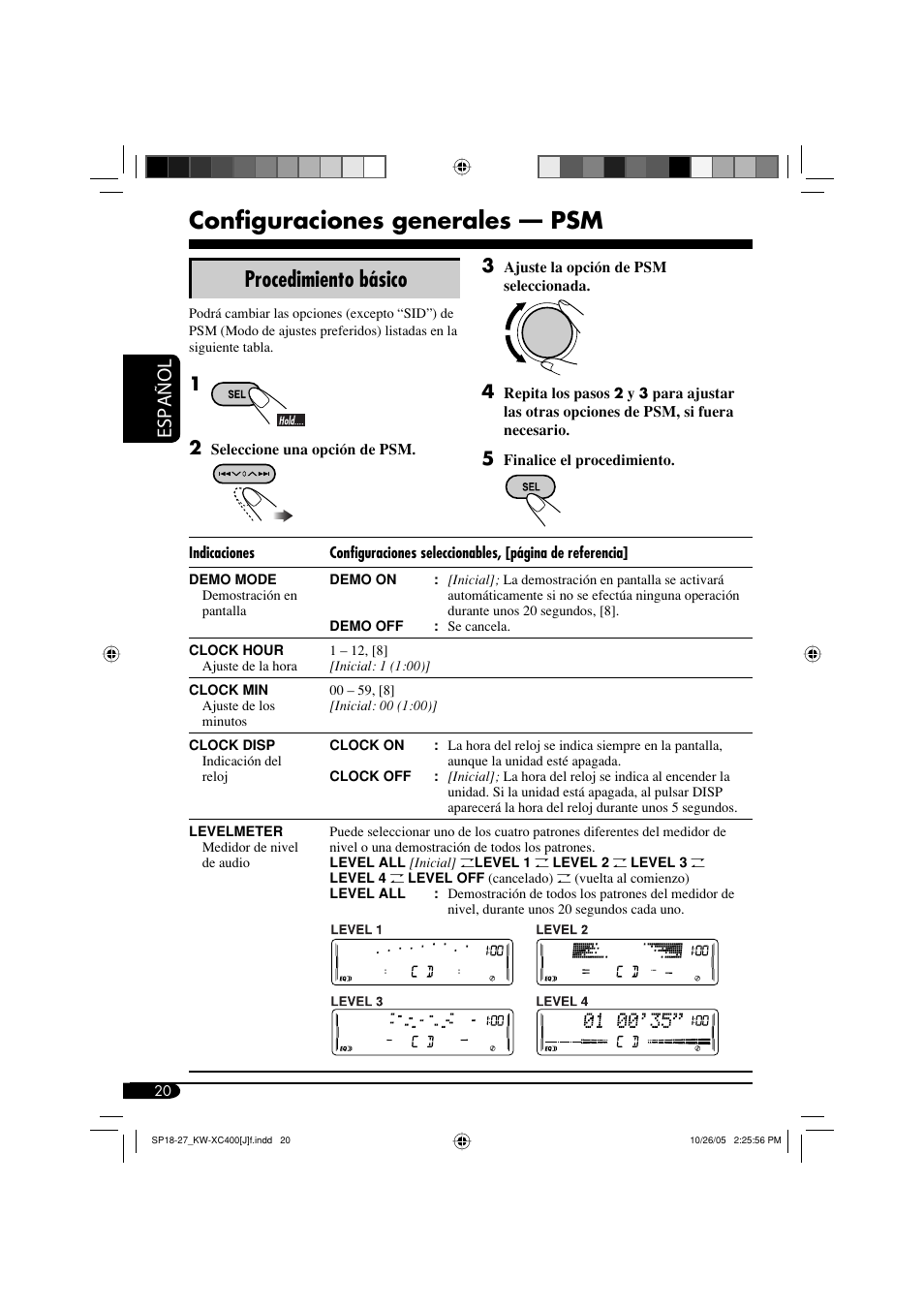Configuraciones generales — psm, Procedimiento básico, Español | JVC Model KW-XC400J User Manual | Page 52 / 98